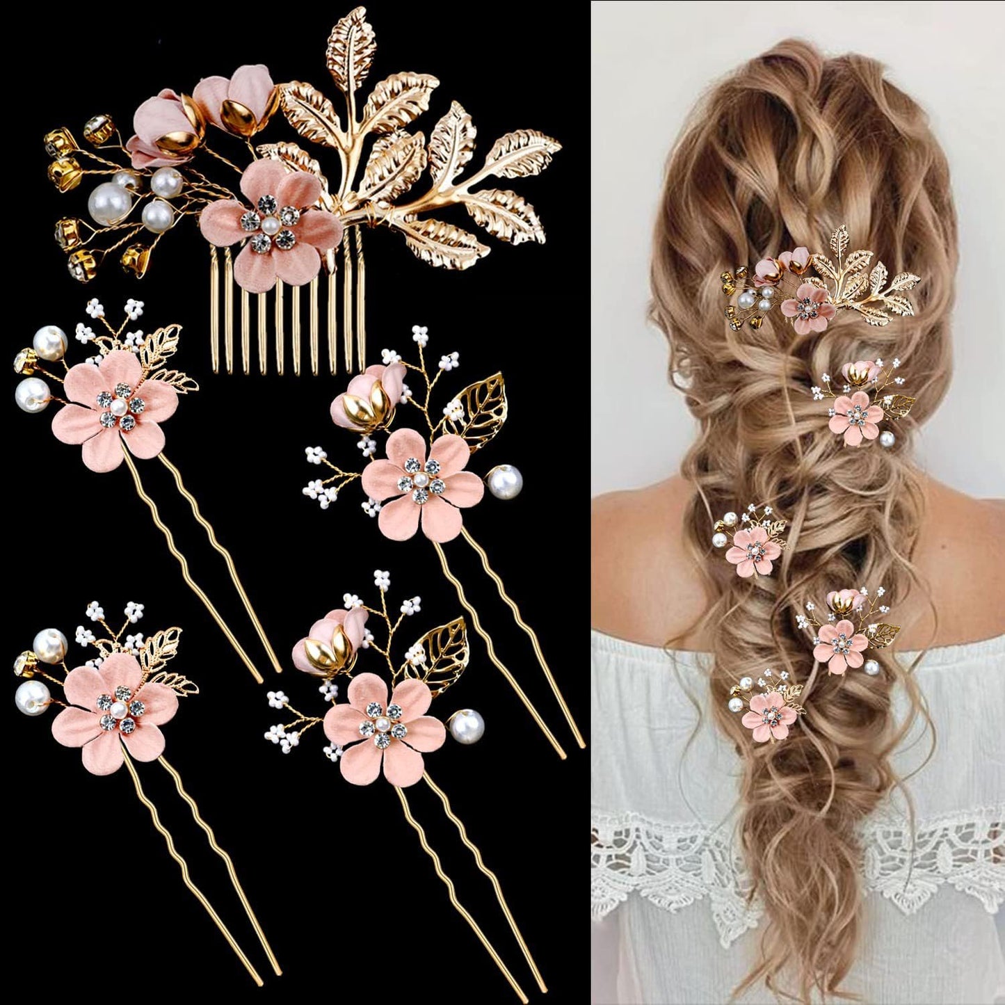 6 Pieces Pink Flowers Bride Wedding Hair Side Comb + U-Shaped Floral Hairpin Formal Ball Headwear Accessories Bride Bridesmaid Ladies Girls