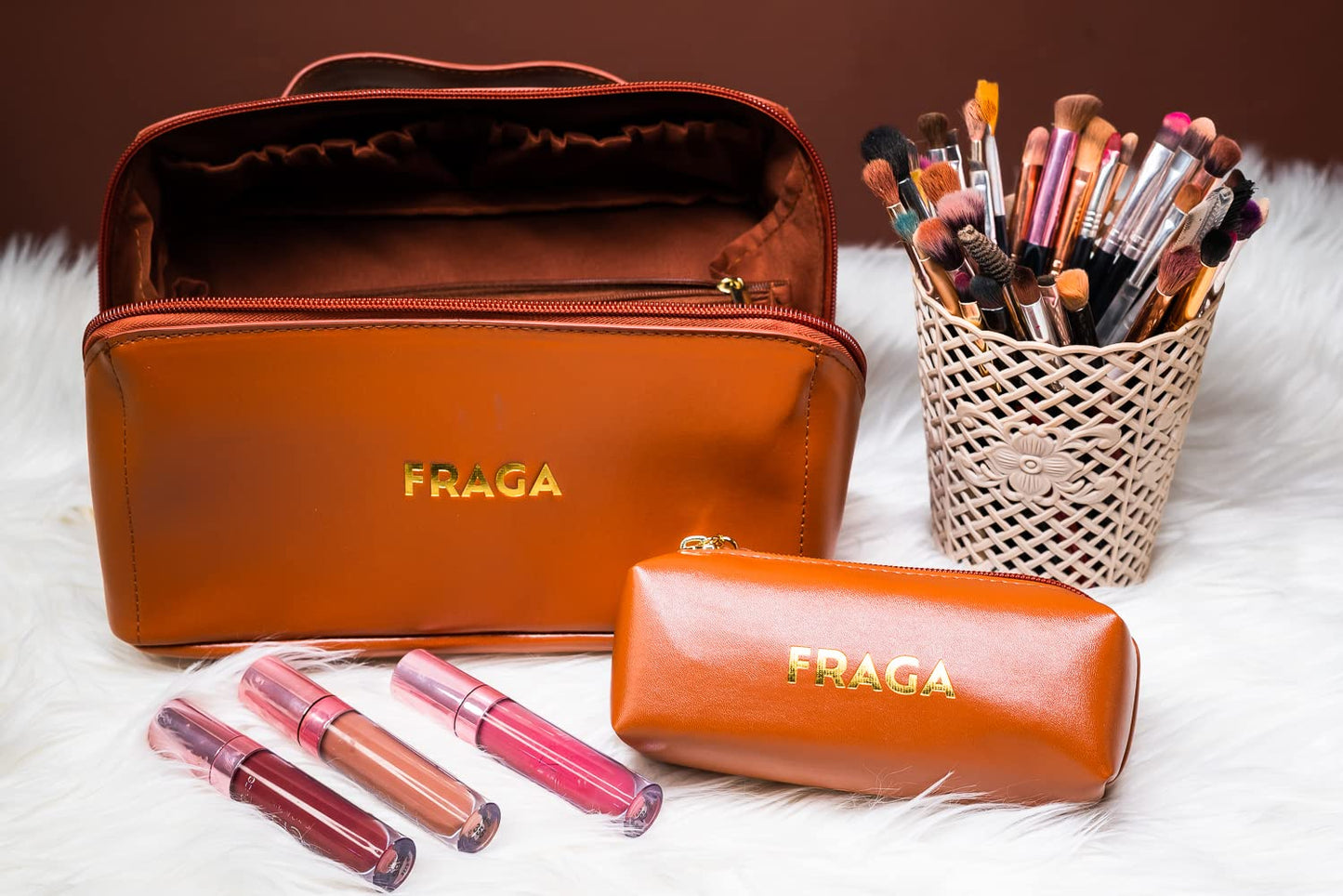 FRAGA 2 in 1 New Model Makeup Bag, Waterproof Cosmetic Bag, with Large Capacity, Skin Care Organizer for Travel, Easy to Clean (Brown)