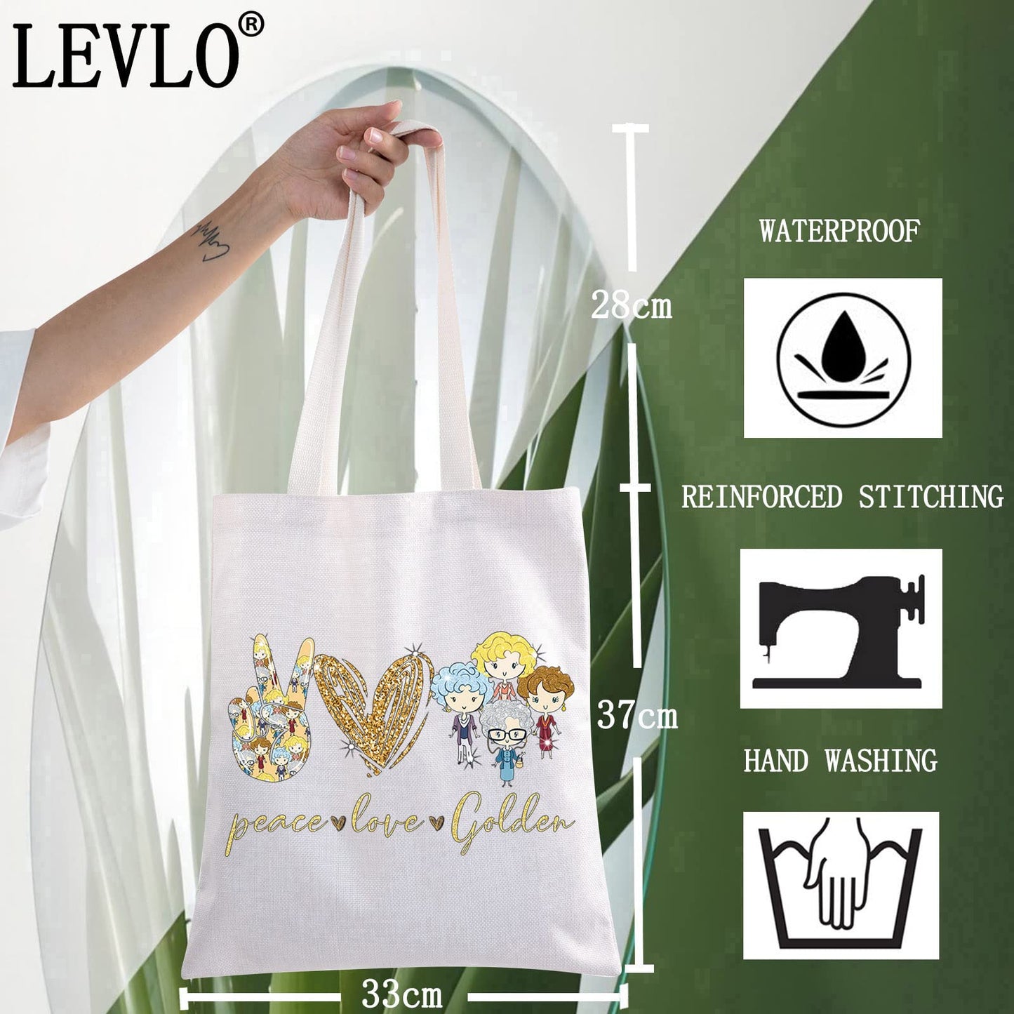 LEVLO Funny Golden Cosmetic Bag Golden TV Show Fans Gift Peace Love Golden Makeup Zipper Pouch Bag For Friend Family BFF(Peace Love Golden Tote)