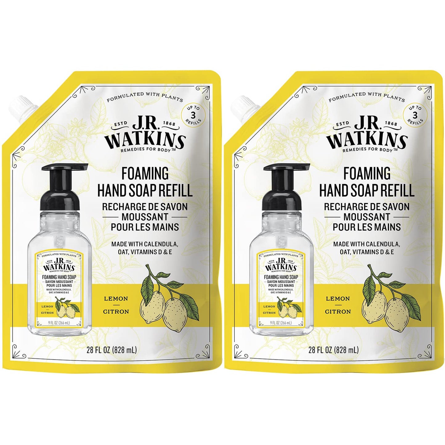 JR Watkins Foaming Hand Soap Refill Pouch, Lemon, Scented Foam Handsoap for Bathroom or Kitchen, USA Made and Cruelty Free, 28 fl oz(Pack of 2)