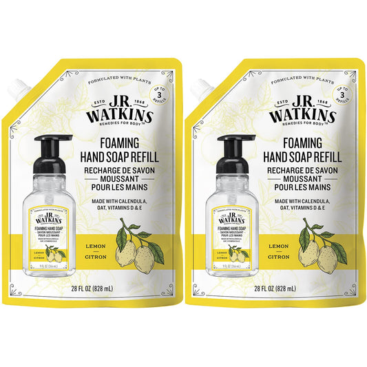 JR Watkins Foaming Hand Soap Refill Pouch, Lemon, Scented Foam Handsoap for Bathroom or Kitchen, USA Made and Cruelty Free, 28 fl oz(Pack of 2)