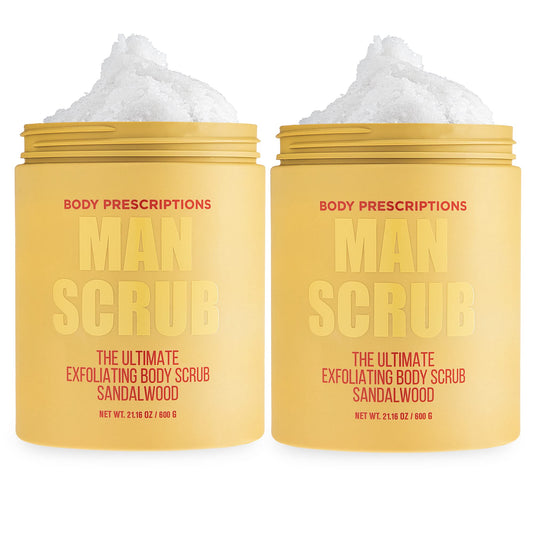 Body Prescriptions Men’s Exfoliating Body Scrub – Ultimate Skin Cleansing Wash in Jar with Twist-Top Lid, For All Skin Types, 21 Ounce (Pack of 2), Sandalwood