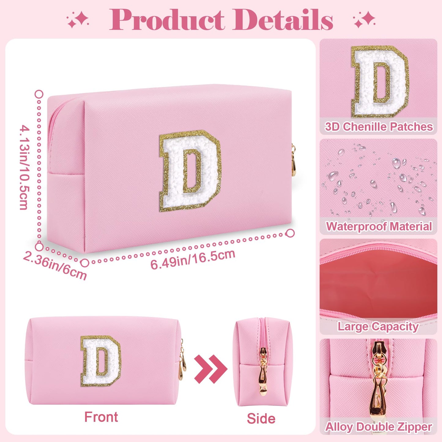 2Pack Personalized Initial Letter Patch Makeup Bag,Pink Cute Preppy Cosmetic Bag with Small Makeup Brush Bag,PU Travel Toiletry Zipper Pouch,Personalized Gifts for Women Teen Girls Friend Mom,Letter D