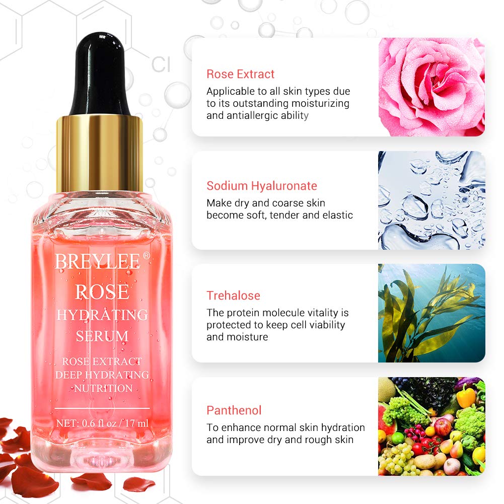 BREYLEE Rose Face Serum, Hydrating Serum Moisturizing Serum Face Serum Hydrating with Hyaluronic Acid Alcohol Free Facial Serum for Skin Care(17ml,0.6fl oz)