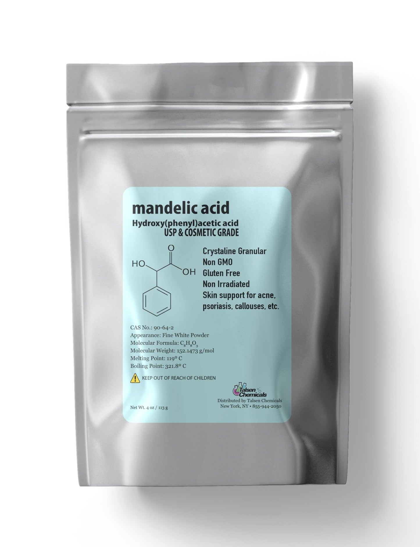 Talsen Chemicals Mandelic Acid Powder 99.9% Purity, DIY Cosmetic Grade For Mandelic Acid Serum, Peel/Mask or add to Cream, Moisturizer (4 Ounce / 113 Gram)