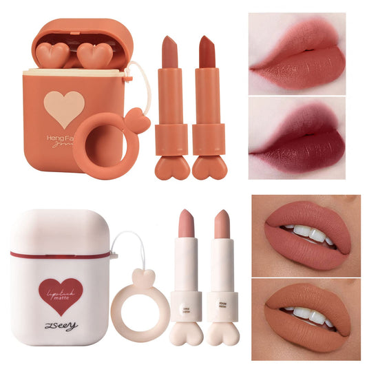 ZSeeY 2Set/Lot Earphone Shape Lipstick Set, Waterproof Long Lasting Velvet Moisturizing lip stain Dual-color Lip Gloss Primer, Non-stick Cup Nude Colors Matte Lips Make Up Gift Kit for Girls