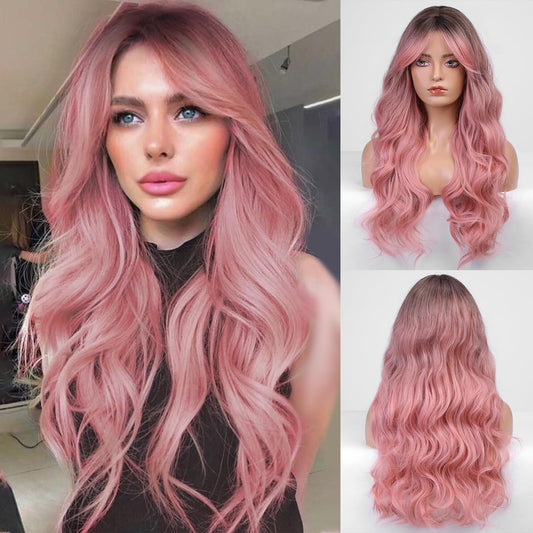 HAIRCUBE Long Pink Wavy Wig for Women Ombre Pink Wig Dark Root 26 Inch with Bangs Curly Wavy Wig Natural Looking Synthetic Heat Resistant Fiber Wig for Daily Party Use （Pink