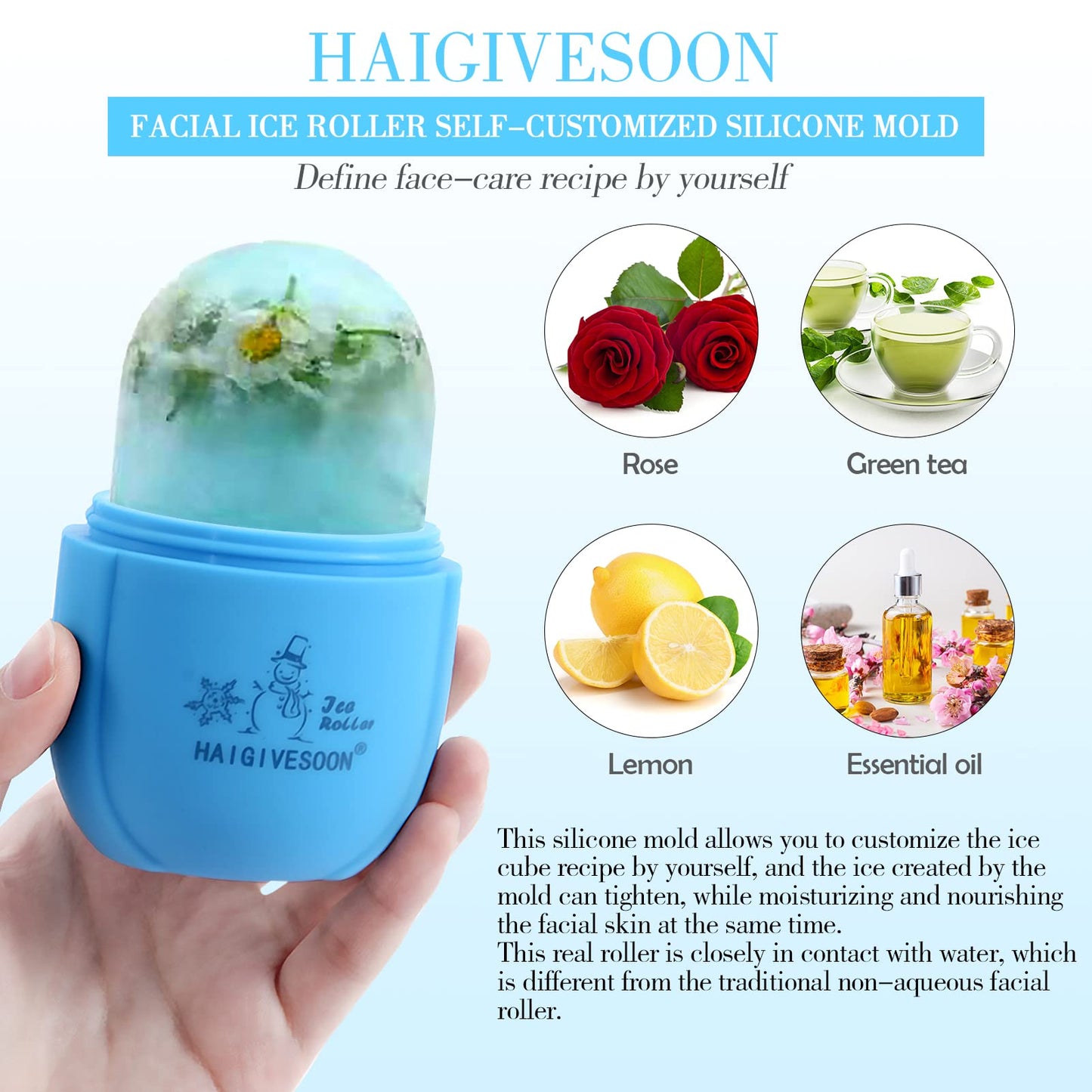 Haigivesoon Ice Roller,Facial Ice Roller Face Ice Roller for Face Eyes and Neck with Face Scrubber Sponge (BLUE)