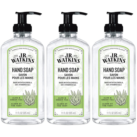 J.R. Watkins Liquid Hand Soap With Dispenser, Moisturizing Hand Soap, Alcohol-Free Hand Wash, Cruelty-Free, Liquid Soap For Bathroom or Kitchen, Aloe & Green Tea, 11 Fl Oz, 3 Pack