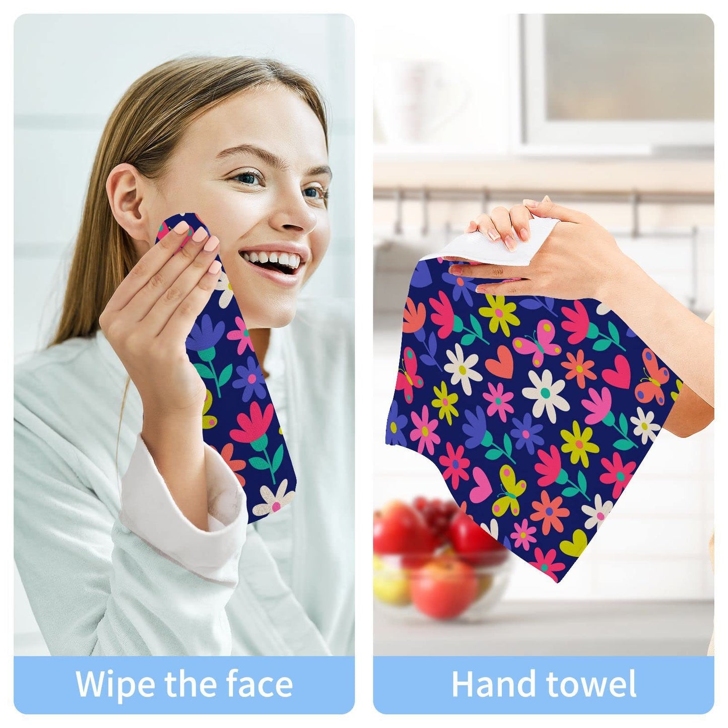 WELLDAY Colorful Cute Floral Washcloths, 2 Pack 12 X 12 Inches Cotton Wash Cloths, Highly Absorbent and Soft Face Towels for Bathroom,Gym,Hotel and Spa