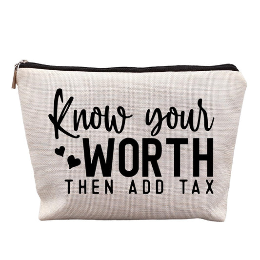 uinwk Funny Self Confident Gifts, Inspirational Motivational Encouragement Gifts for Women Coworkers, Know Your Worth Then Add Tax Funny Makeup Cosmetic Bags for Women