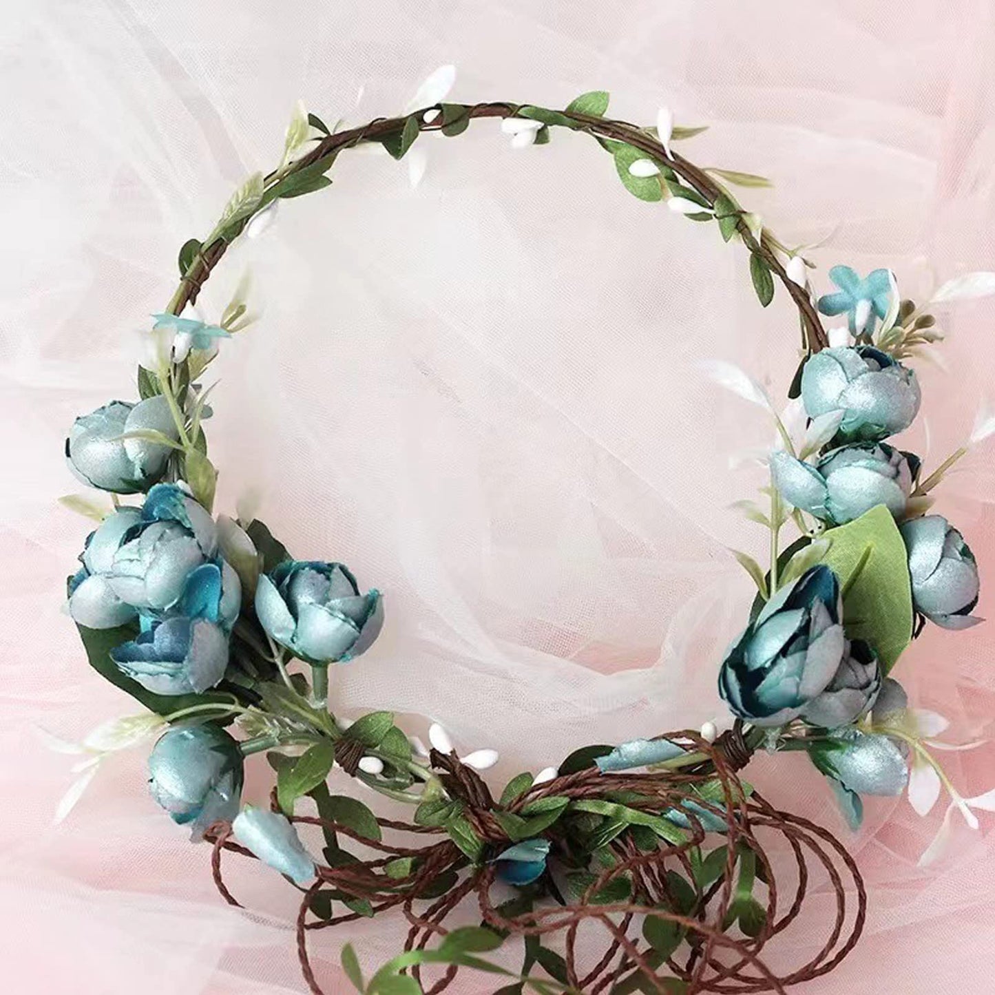 Lopsity Women Rose Floral Flower Crown Headband Rose Halo Wreath Wedding Bridal Hair Garland Ajustable Flower Hair Wreath (BLUE)