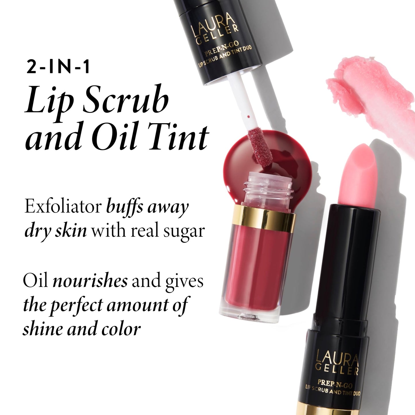 LAURA GELLER NEW YORK Prep-n-Go 2-in-1 Lip Scrub and Lip Oil Tint, Lip Hydrating Oil and Exfoliator, First Place