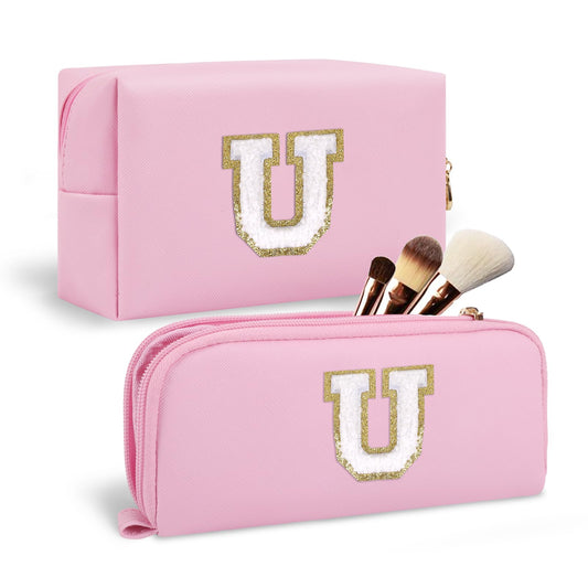 2Pack Personalized Initial Letter Patch Makeup Bag,Pink Preppy Cosmetic Bag with Small Makeup Brush Bag,Cute Waterproof PU Travel Toiletry Pouch,Gift Ideal for Her Birthday Friend Mom Teacher,Letter U