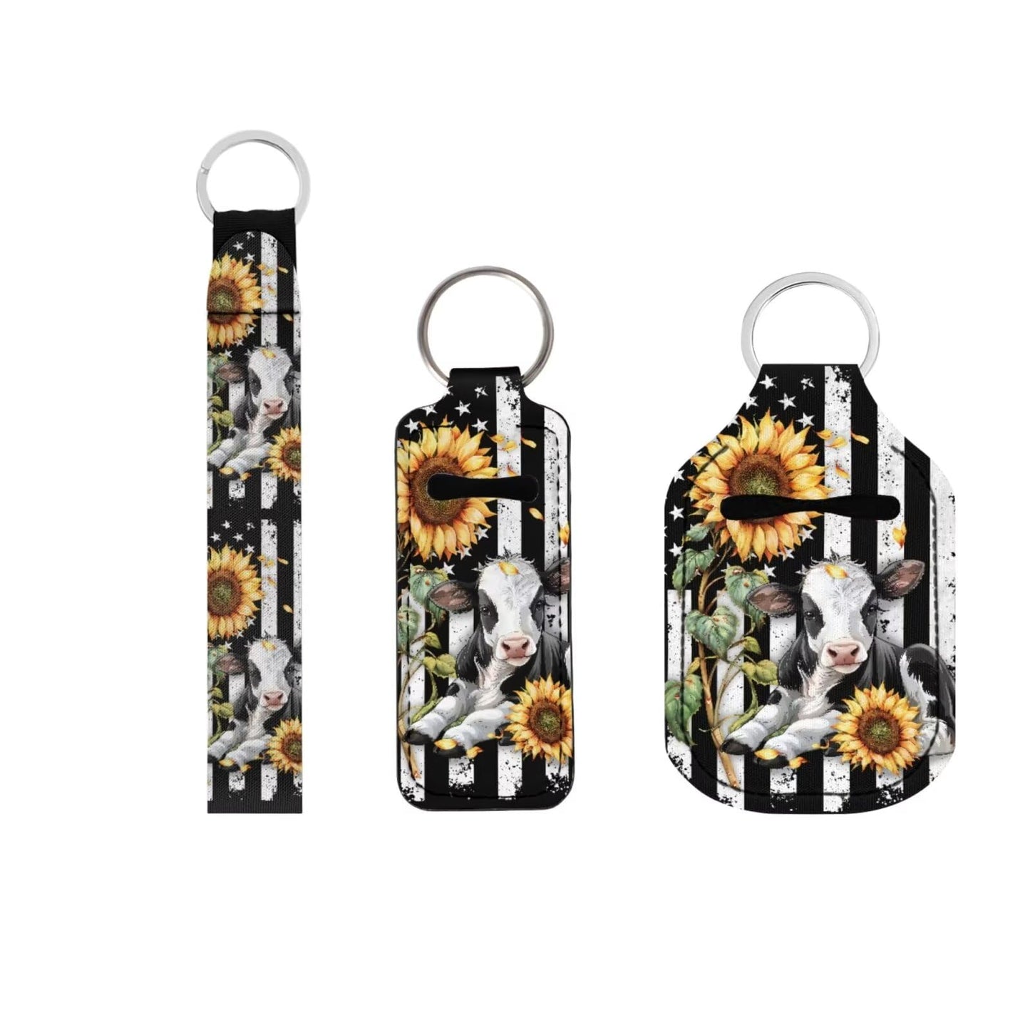 Suobstales Cow Sunflower Print Travel Keychain Holders Kits, American Flag Design Travel Bottle Chapstick Lanyard Keychain Holders Set Neoprene Balm Holders Pouch Makeup Storage Organizer, Set of 3