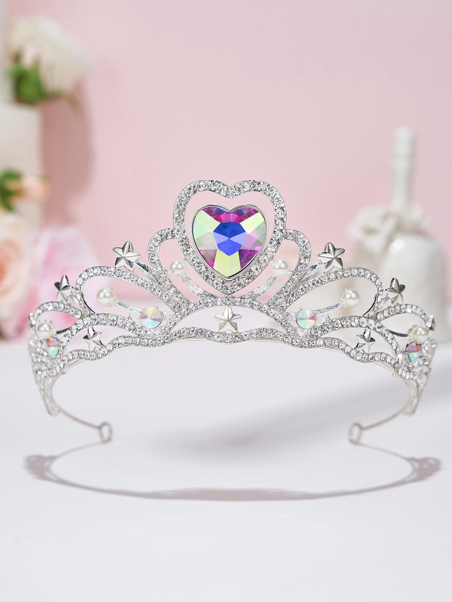 SWEETV Birthday Crowns for Women Girls Birthstone Heart Princess Tiara Silver Wedding Headband for Birth Day Party Photograph, Jun