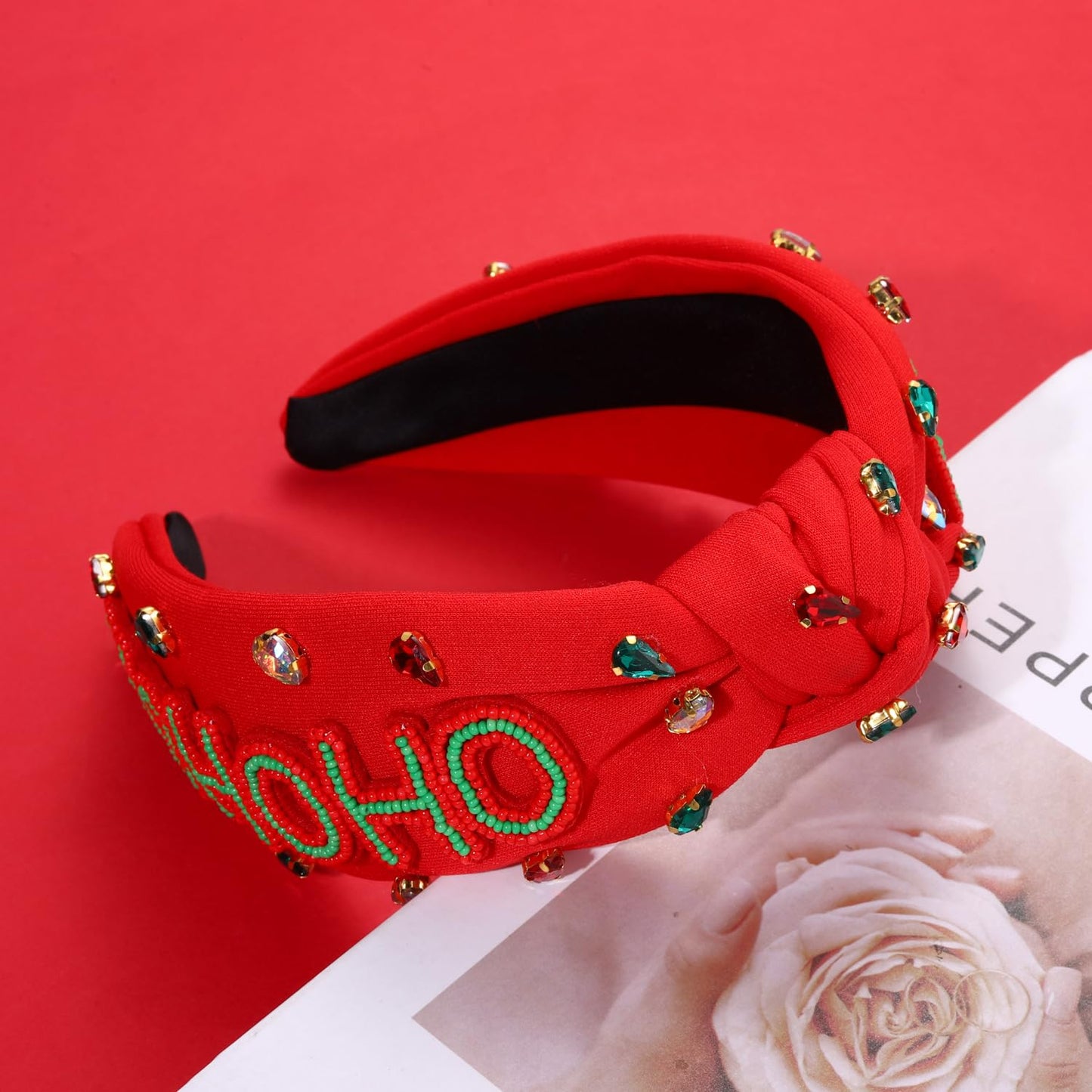 Christmas Headband for Women Beaded Xmas HOHOHO Headband Embellished Crystal Pearl Knotted Headbands Red Wide Top Knot Holiday Headband Christmas Hair Accessories Holiday Outfits Gifts (HOHOHO 1)