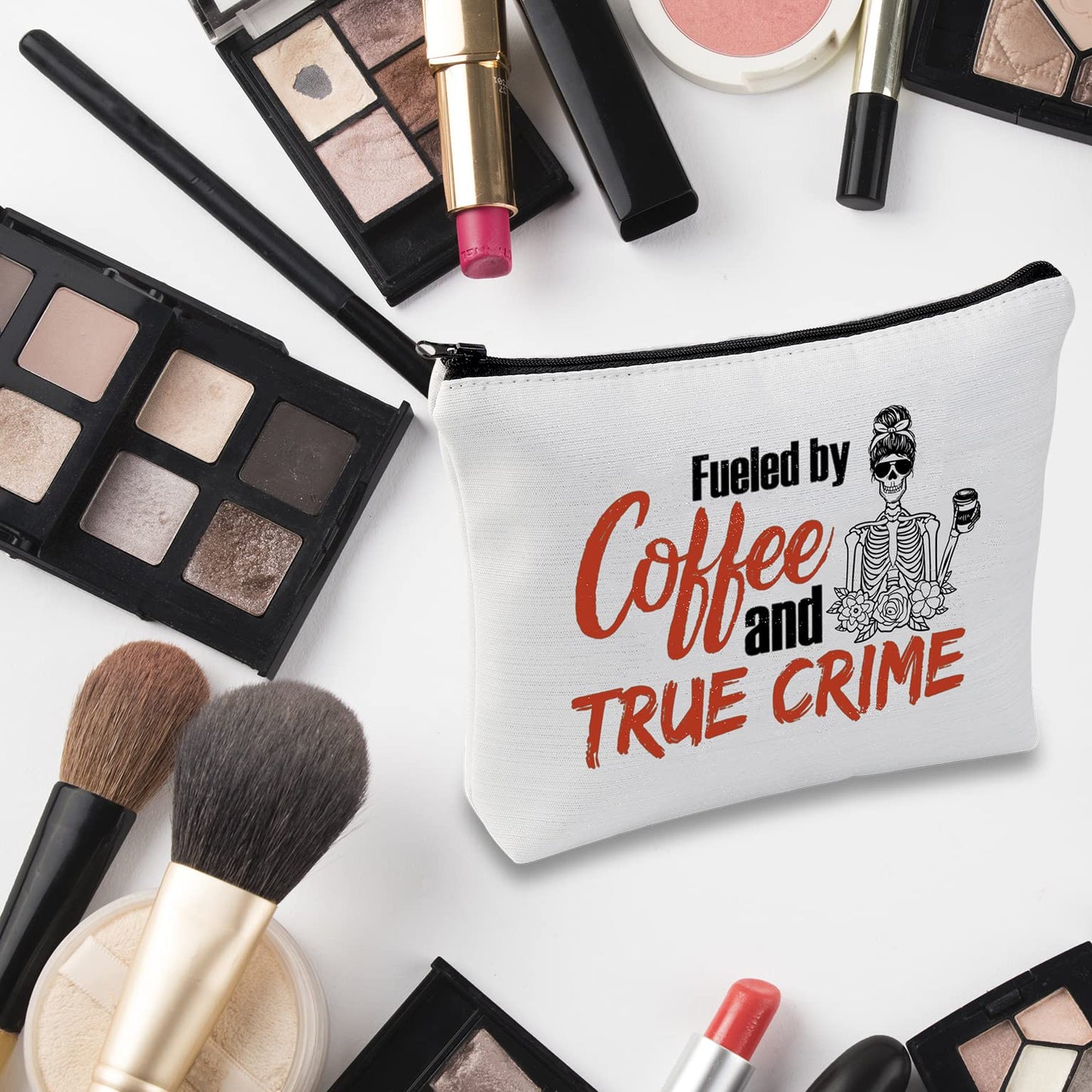 G2TUP True Crime Junkie Gift Fueled by Coffee and True Crime Makeup Bag Cosmetics Bag Crime Show Gift Murder Show Travel Bag (Coffee and True Crime Fluorescent White Bag)