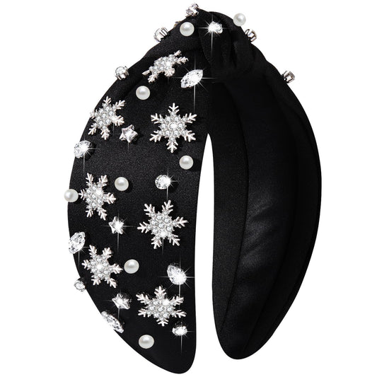 Christmas Headband for Women Jeweled Xmas Plaid Headband Embellished Crystal Pearl Knotted Headbands Wide Top Knot Holiday Headband Christmas Hair Accessories Holiday Outfits Gifts (Snowflake Black 2)