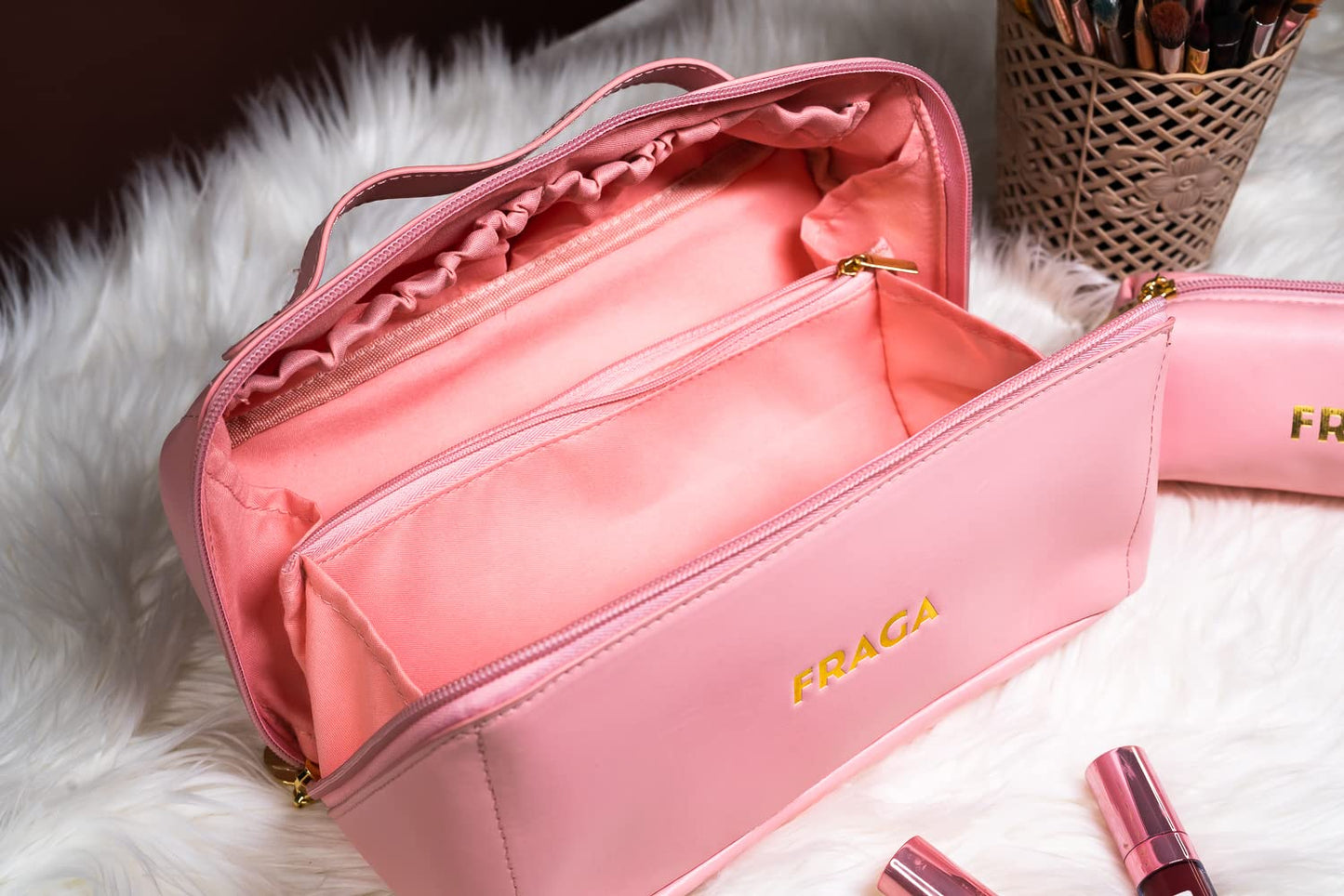 FRAGA 2 in 1 New Model Makeup Bag, Waterproof Cosmetic Bag, with Large Capacity, Skin Care Organizer for Travel, Easy to Clean (Pink)