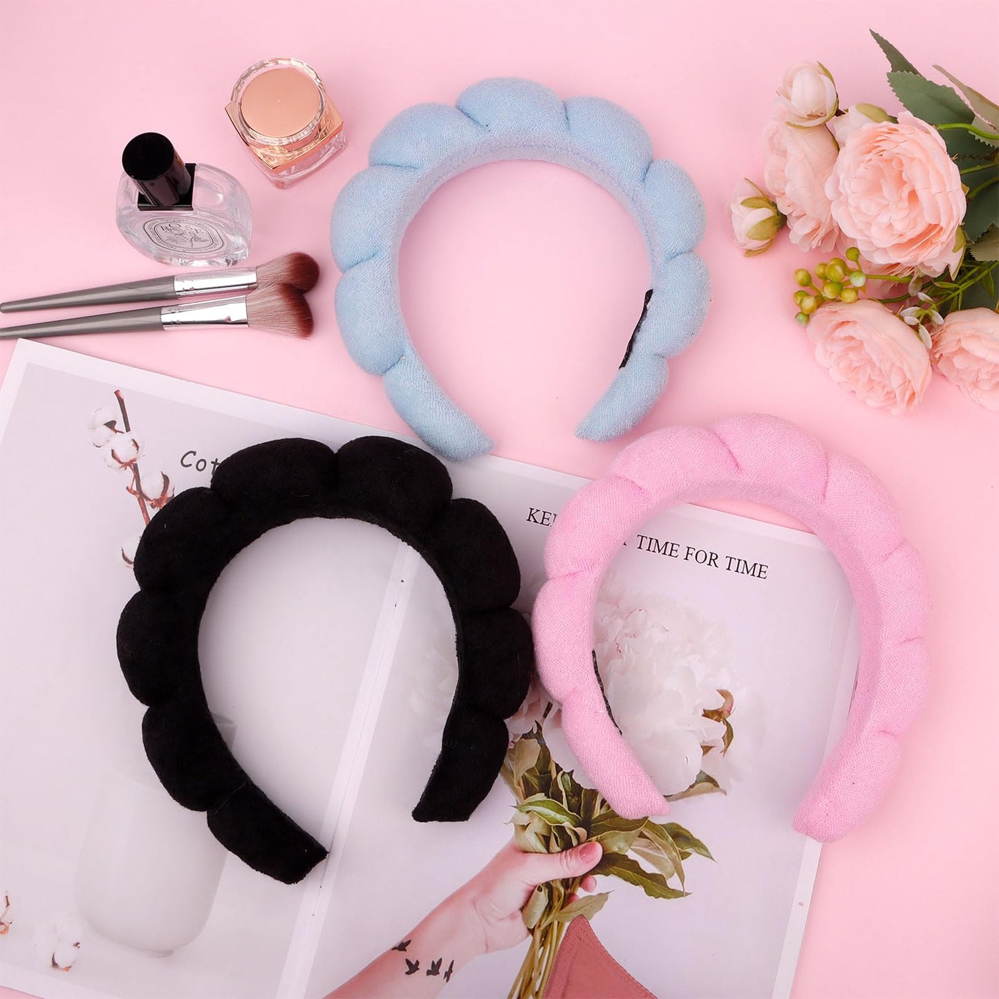 Wecoe 3pcs Skincare Headband For Washing Face Spa Headband Makeup Face Wash Headband Cute Pink Blue Black Puffy Sponge Bubble Headband Hair Accessories For Women Girls Kids Teens Gifts Girly Stuff