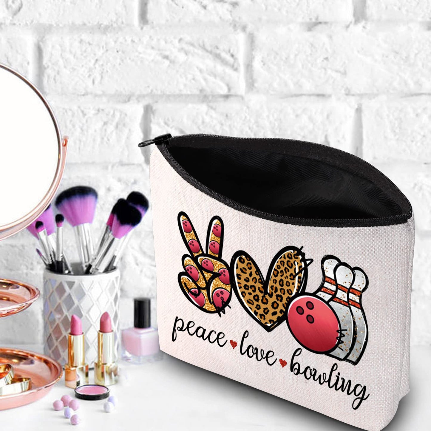 WZMPA Bowling Cosmetic Makeup Bag Bowling Lover Gifts Peace Love Bowling Ball Zipper Pouch For Women Girls (Peace Love Bowling)