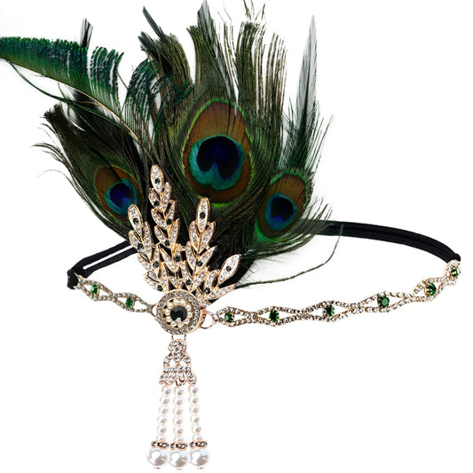 FERCAISH 1920s Flapper Headband, Roaring 20s Feather Crystal Headband Bachelor Party Feather Headband, Great Hair Accessories for Women(Green)