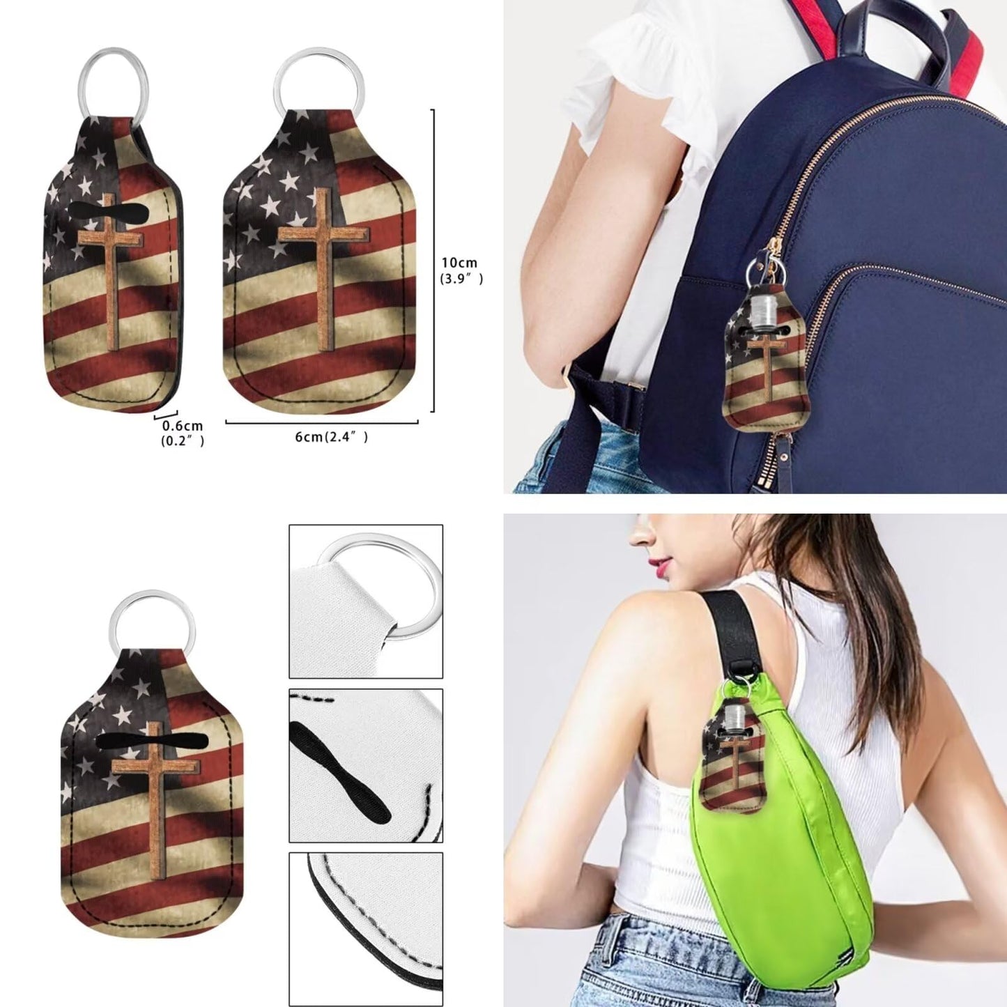 Suobstales Cross American Flag Print Chapstick Holder 1 Keychain Wristlet Lanyards 1 Mini Bottle Keychain Holder, Neoprene Travel Bottle Keychain Holders Set of 3