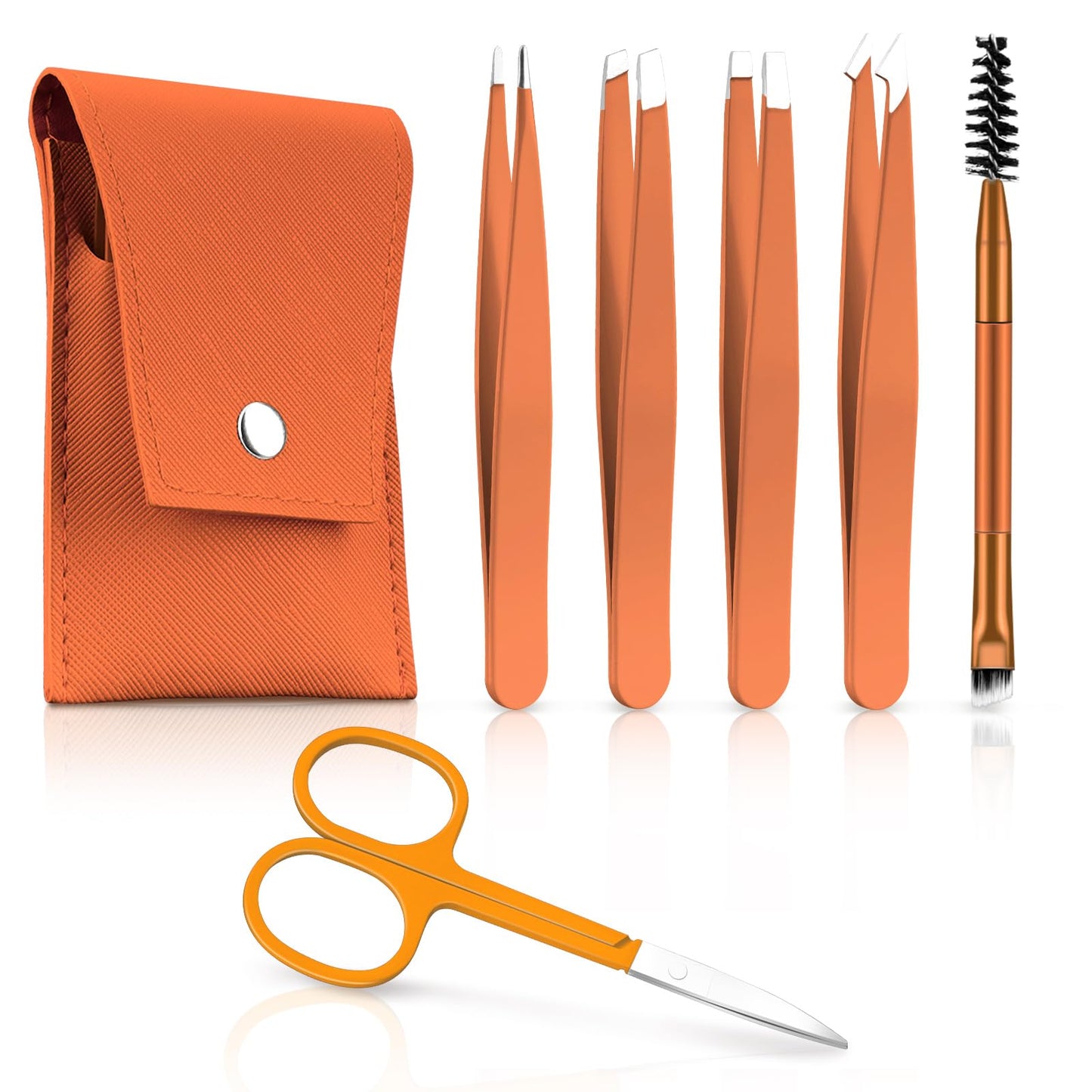 6 Pcs Tweezer Set, Tweezers Set for Women, Precision Tweezer for Eyebrows with Curved Scissors, Eyebrow Grooming Kit for Ingrown Hair with Leather Case, Orange