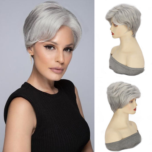 MARYLING Gray Short Pixie Cut Wig Synthetic Ombre Light Gray Hair Wig with Bangs Haircuts Side Part Layered Wavy Wigs for White Women