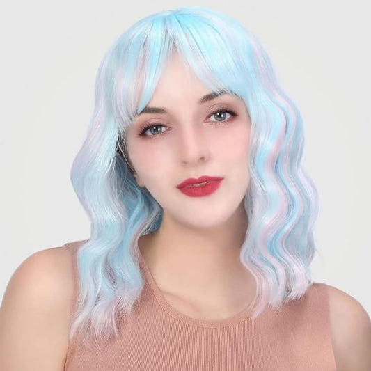 Wigs for Women - Blue Mix Pink Wig with Bangs for Women, Short Wavy Bob Wig, Colorful Medium Length Wig, Pastel Colored Cosplay Wig Synthetic Costume Wigs, Halloween Wigs…