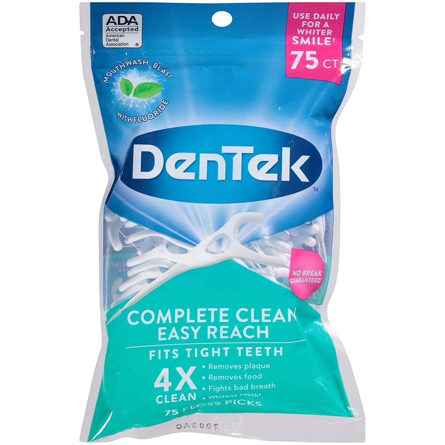 DenTek Complete Clean Easy Reach Floss Picks, No Break & No Shred Floss, 75 Count (Pack of 12)