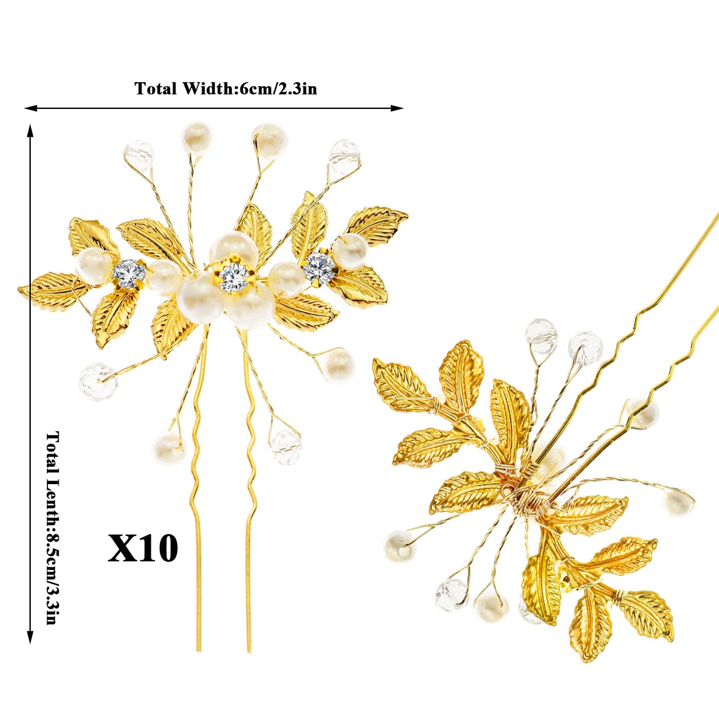 10 Pieces Wedding Head Hair Piece Leaf Flower Faux Pearls Bride Hair Pins Clips Bridal Hair Bridesmaid Hairstyle Accessories for Women Girls （Gold)