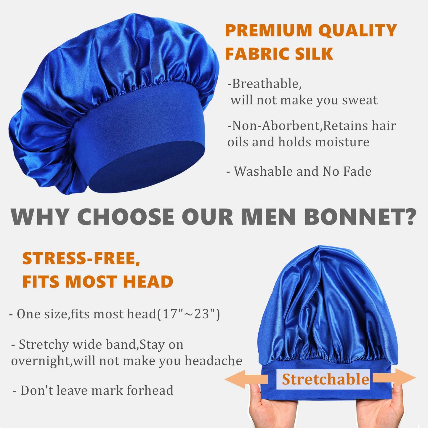 Silk Bonnet for Men,Sleeping Bonnet for Curly Hair Men,Hair Bonnet Men for Sleeping,Matching Bonnets and Durags Set C-Blue