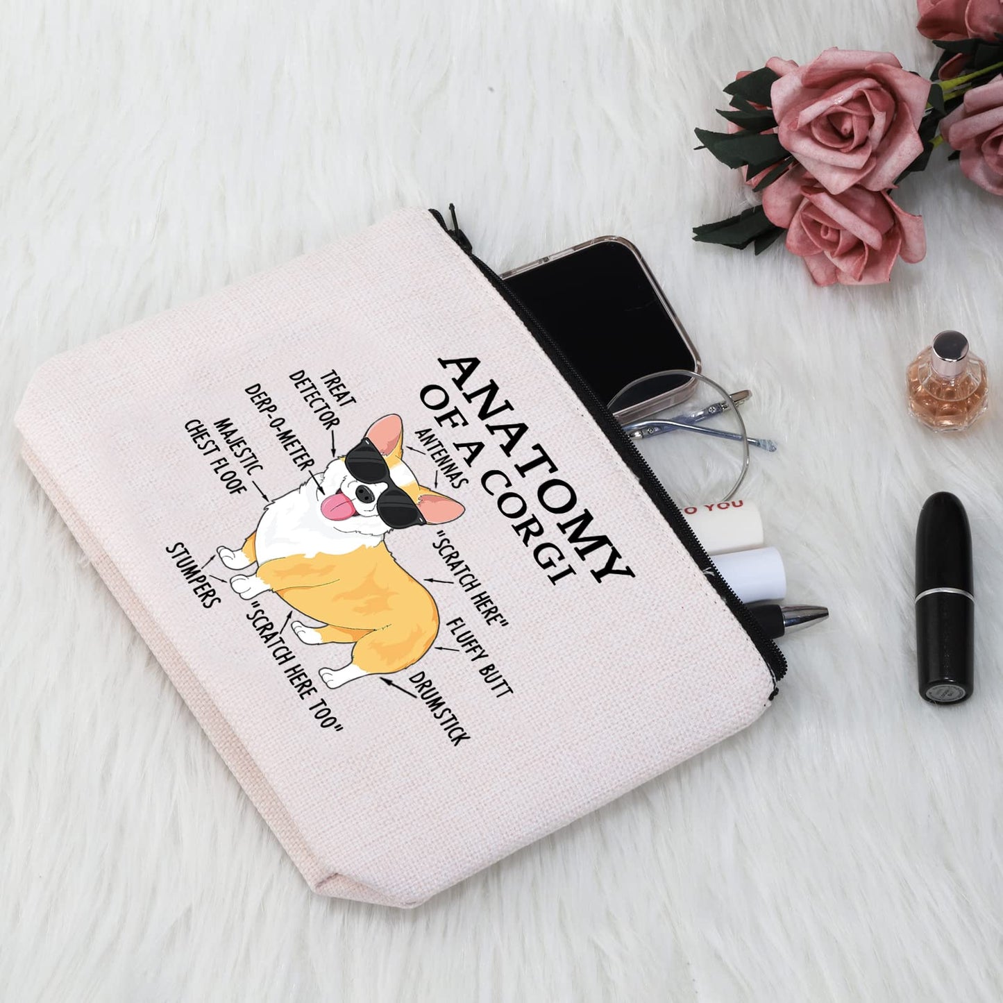 G2TUP Corgi Lover Gift Anatomy of a Corgi Makeup Bag Corgi Mom Cosmetic Bag with Zipper Corgi Owner Gift Dog Mama Lover Gift (Anatomy of a Corgi White Bag)