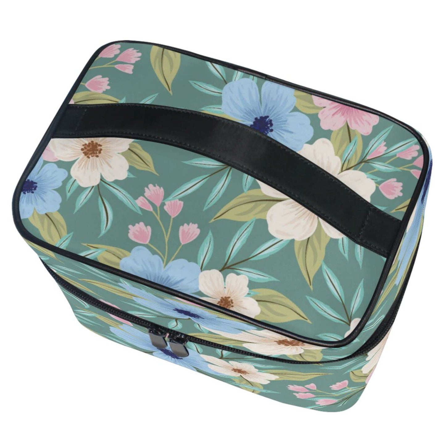 ZOEO Makeup Train Case Elegant Floral Tropical Green Light Summer Gold Korean Carrying Portable Zip Travel Cosmetic Brush Bag Organizer Large for Girls Women