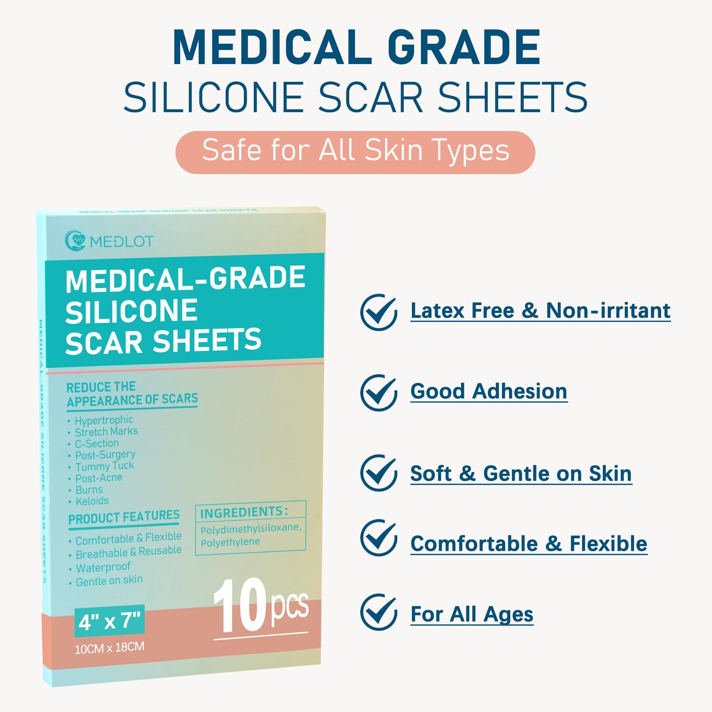 MEDLOT Silicone Scar Sheets, Large 10Pcs 4” x 7” Each, Medical Silicone Tape for Scar Treatment, Scar Patches for C-Section, Keloid Bump, Stretch Marks, Burn, Acne, Surgical Scar Removal