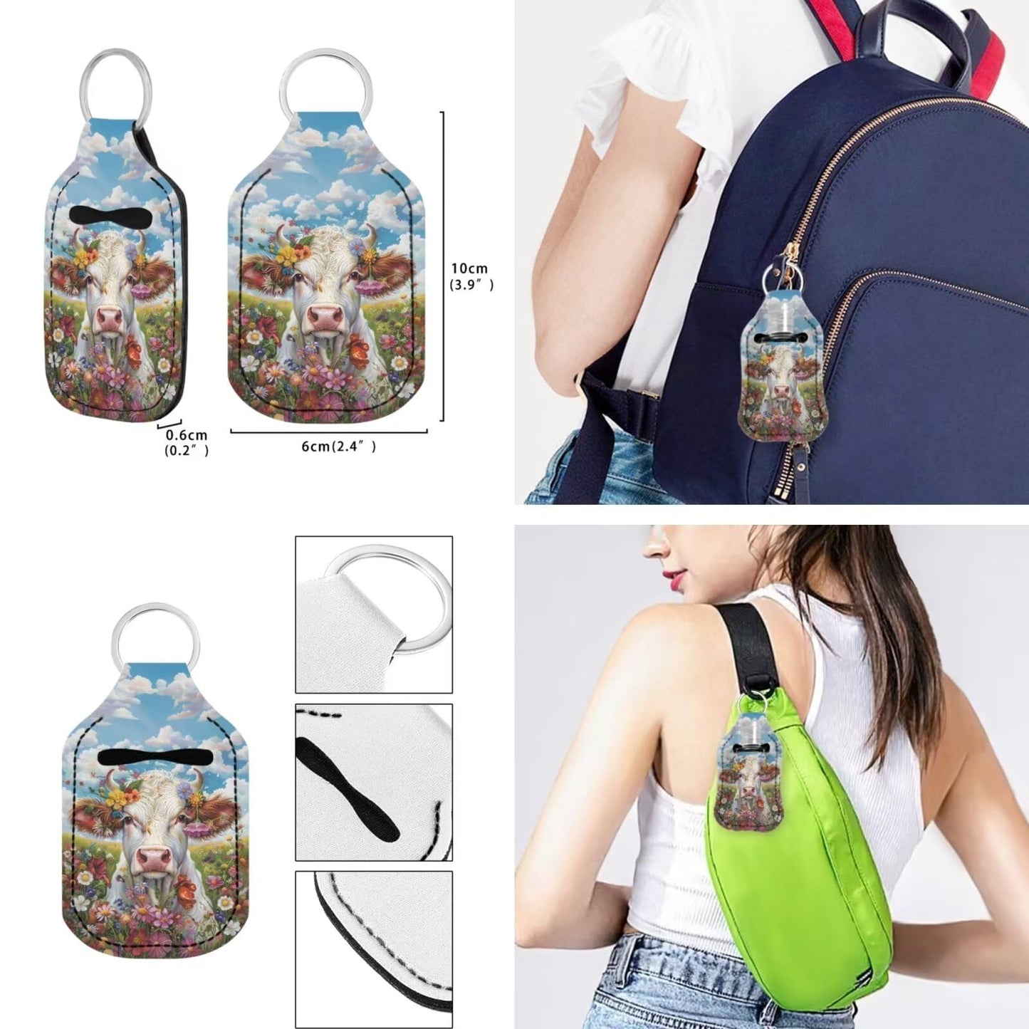 Suobstales Cow Flower Print Chapstick Holder 1 Keychain Wristlet Lanyards 1 Mini Bottle Keychain Holder, Neoprene Travel Bottle Keychain Holders Set of 3