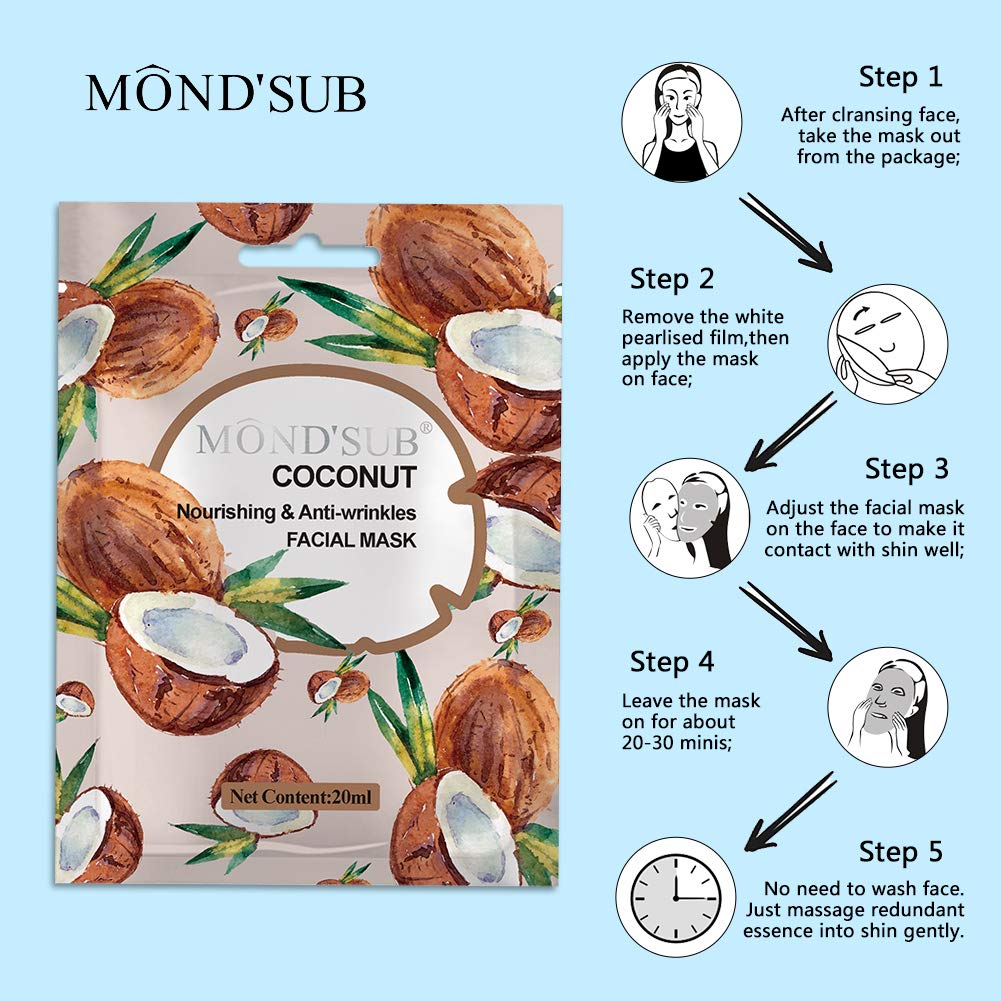 [12 P/Pack]Coconut Oil Facial Mask Sheet|Natural Collagen Essence| Instantly Smooth Your Skin |Beauty Essence Facial Paper Sheet Mask By MOND'SUB