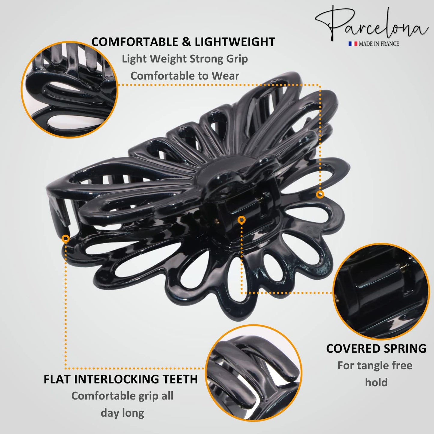 Parcelona French Plume 3" Celluloid No Slip Grip Covered Spring Jaw Hair Claw Durable Styling Women Hair Accessories Girls Hair (Solid Black)