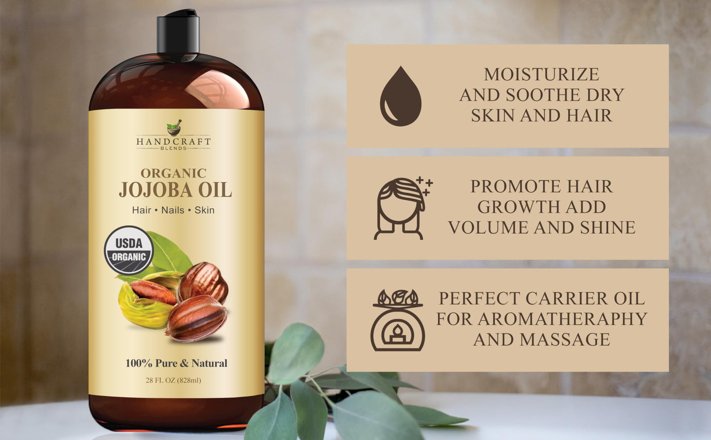 Handcraft Blends USDA Organic Jojoba Oil - 28 Fl Oz - 100% Pure and Natural - Premium Grade Oil for Face, Body and Hair - Anti-Aging Oil - Cold-Pressed and Hexane-Free