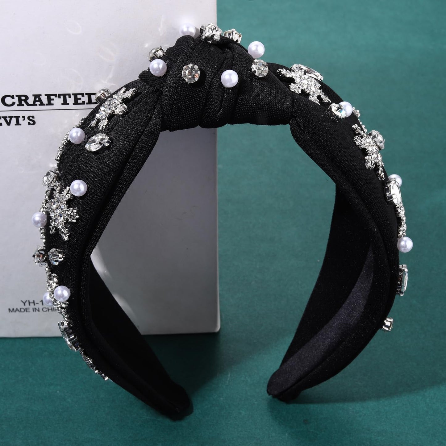 Christmas Headband for Women Jeweled Xmas Plaid Headband Embellished Crystal Pearl Knotted Headbands Wide Top Knot Holiday Headband Christmas Hair Accessories Holiday Outfits Gifts (Snowflake Black 2)