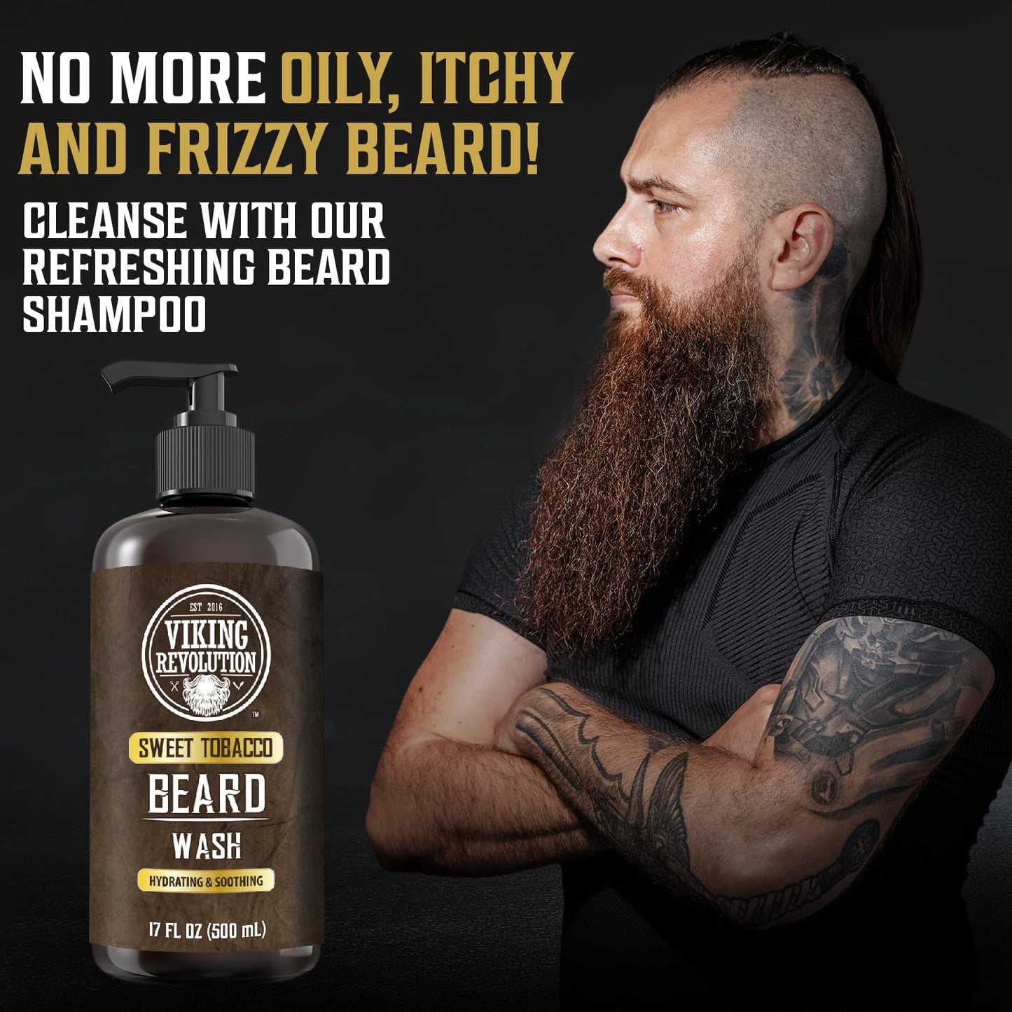 Viking Revolution Sweet Tobacco Beard Wash for Men with Argan Oil and Jojoba Oil - Beard Softener and Strengthener Beard Shampoo with Beard Oil - Beard Care to avoid Beard Dandruff and Itch (17 oz)