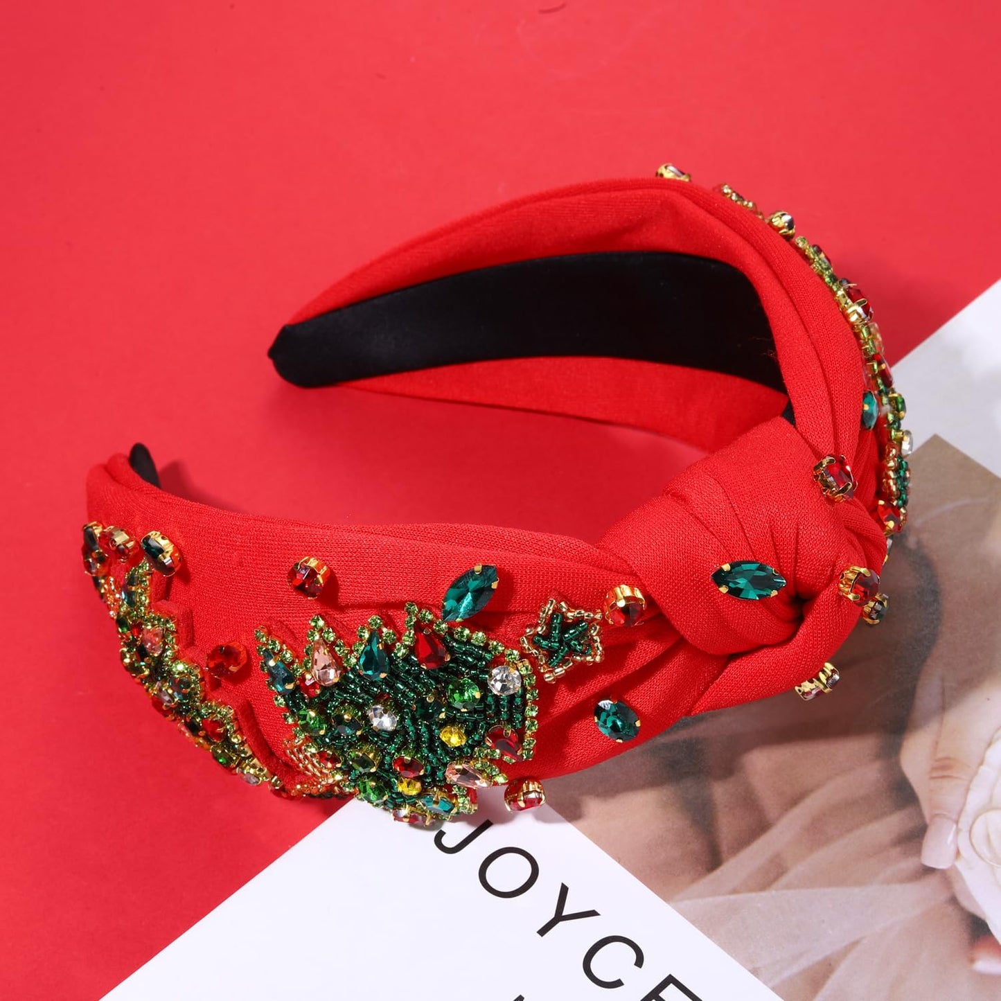 Christmas Headband for Women Jeweled Xmas Plaid Headband Embellished Crystal Pearl Knotted Headbands Wide Top Knot Holiday Headband Christmas Hair Accessories Holiday Outfits Gifts (Christmas Tree 6)