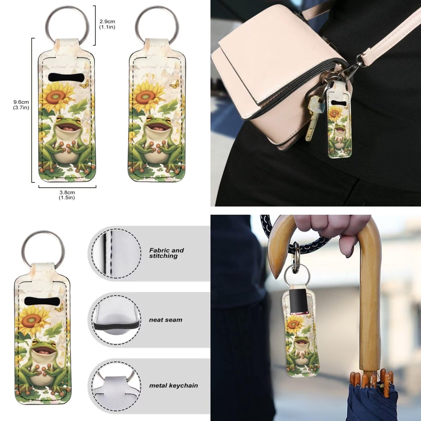 Suobstales Frog Sunflower Butterfly Print Travel Keychain Holders Kits, Travel Bottle Chapstick Lanyard Keychain Holders Set Neoprene Balm Holders Pouch Makeup Storage Organizer, Set of 3