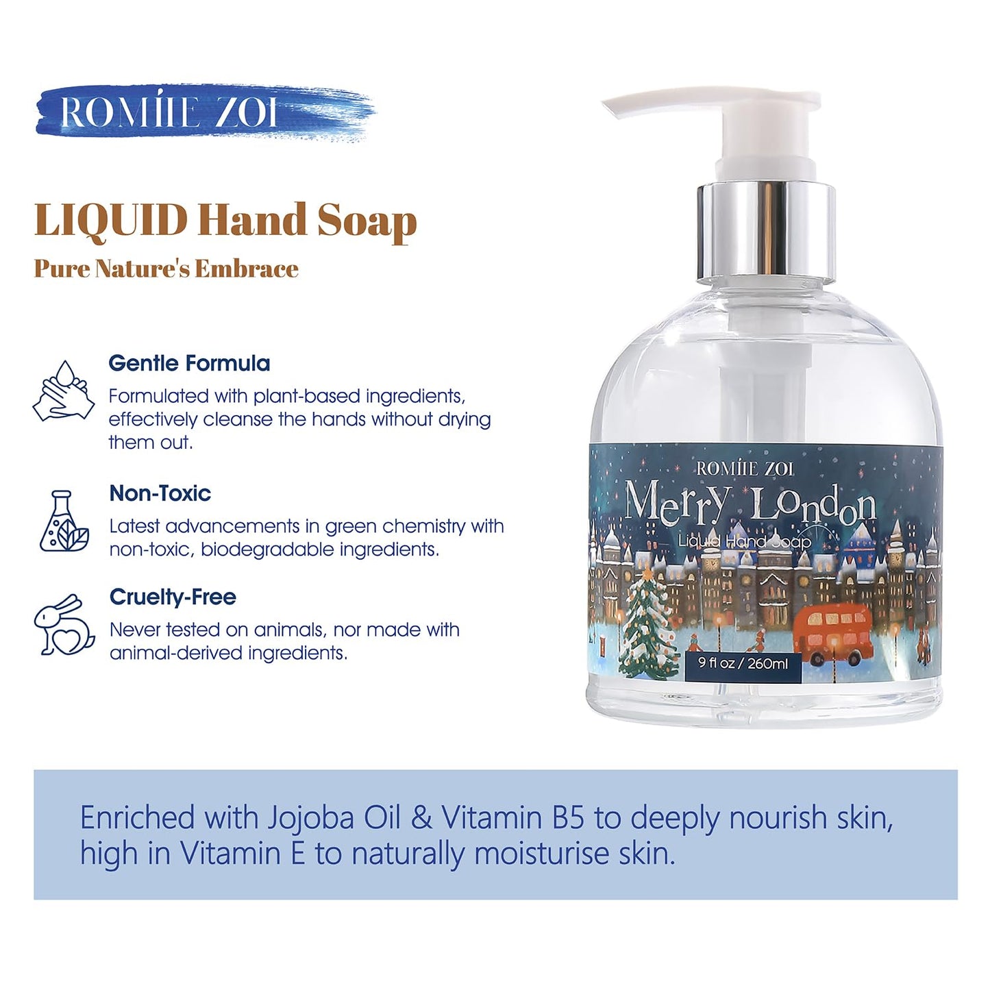 ROMIIE ZOI Christmas Liquid Hand Soap with Gift Box - Merry London, Infused with Cedar & Juniper Aroma - 260ml/ 9 fl.oz（Pack of 3）