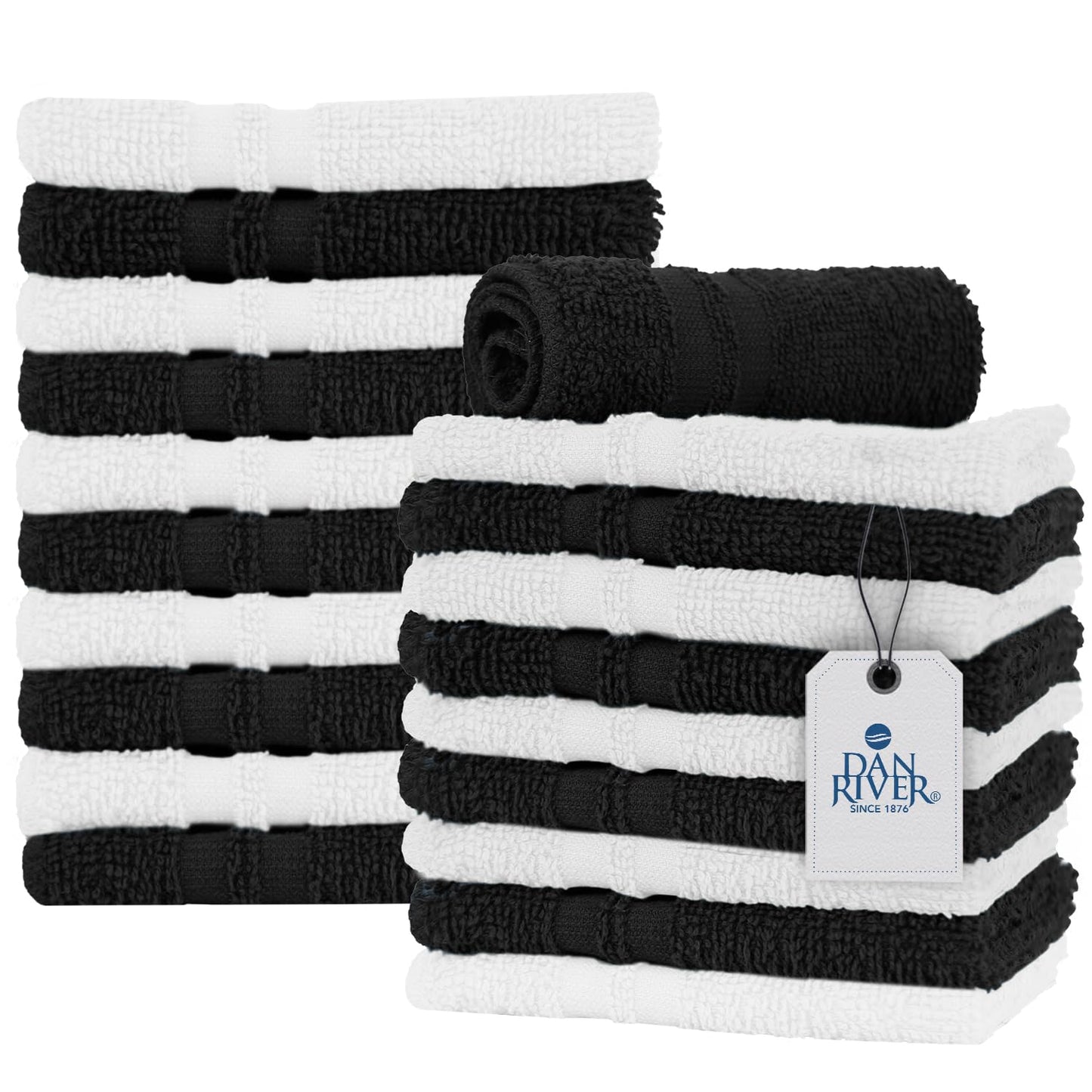 DAN RIVER 100% Cotton Washcloths 20 Pack Premium Quality Face and Body Cloth, Quick Dry Essential Towels for Bathroom, Hand, Kitchen & Cleaning, Baby Washcloths | 11X11 in | 400 GSM | Black+White