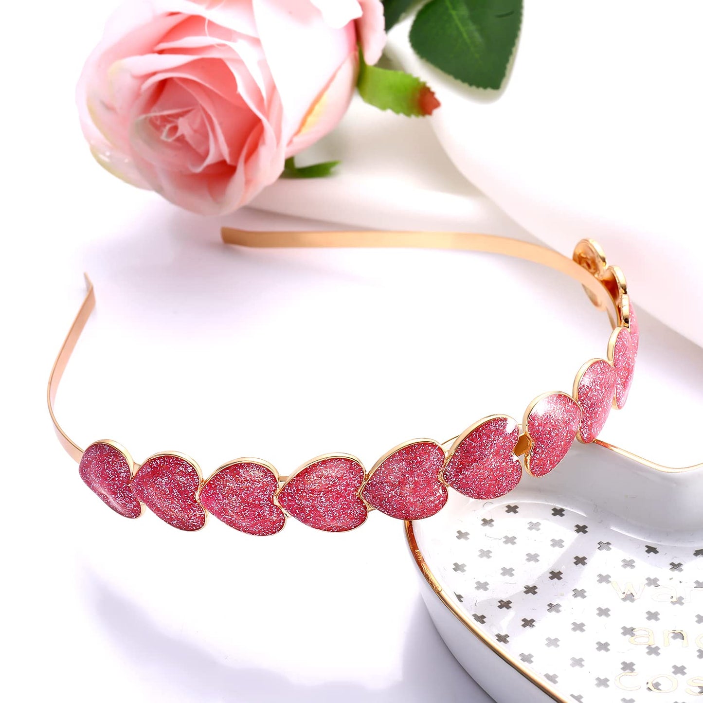 3PCS Valentine’s Day Heart Headbands for Women Glitter Rhinestone Heart Hairbands Sweet Love Heart Hair Hoop Festive Gifts (3PCS Glitter Headband)