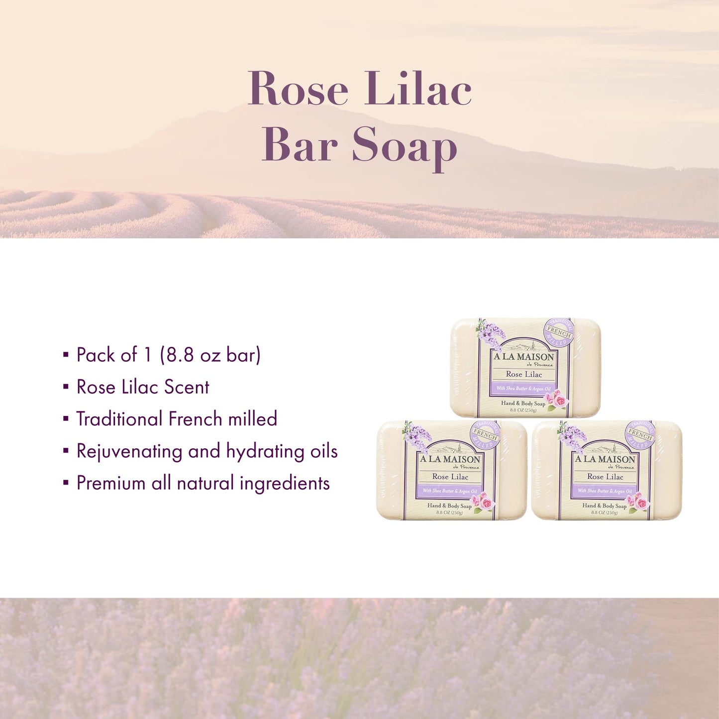 A LA MAISON Rose Lilac Bar Soap - Uses: Hand and Body, Triple Milled, Essential Oils, Biodegradable, Plant Based, Vegan, Cruelty-Free, Alcohol & Paraben Free (3 Bar of Soap, 8.8 oz)