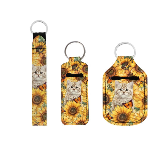 Suobstales Cat Sunflower Butterfly Print Travel Keychain Holders Kits, Travel Bottle Chapstick Lanyard Keychain Holders Set Neoprene Balm Holders Pouch Makeup Storage Organizer, Set of 3